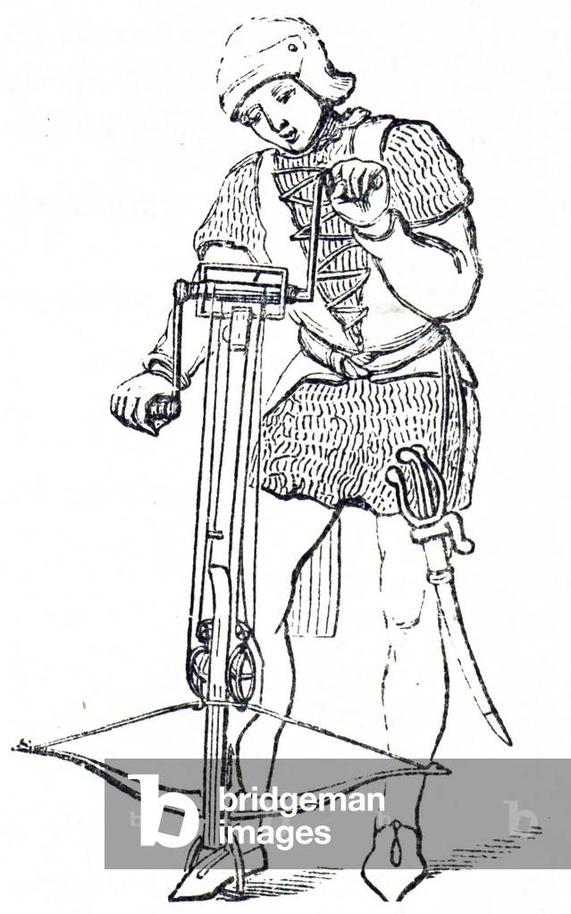 Woodblock engraving depicting a crossbowman winding up his bow, 19th century
