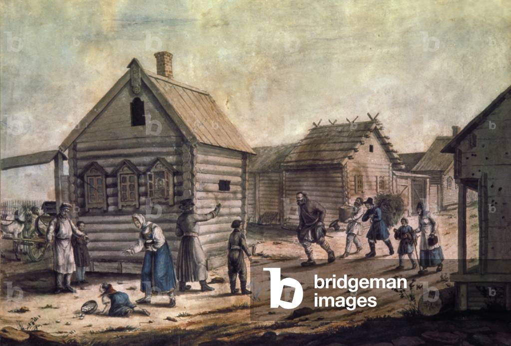 Arrivo del Villaggio Mistress', un dipinto ad acquerello del 1850.