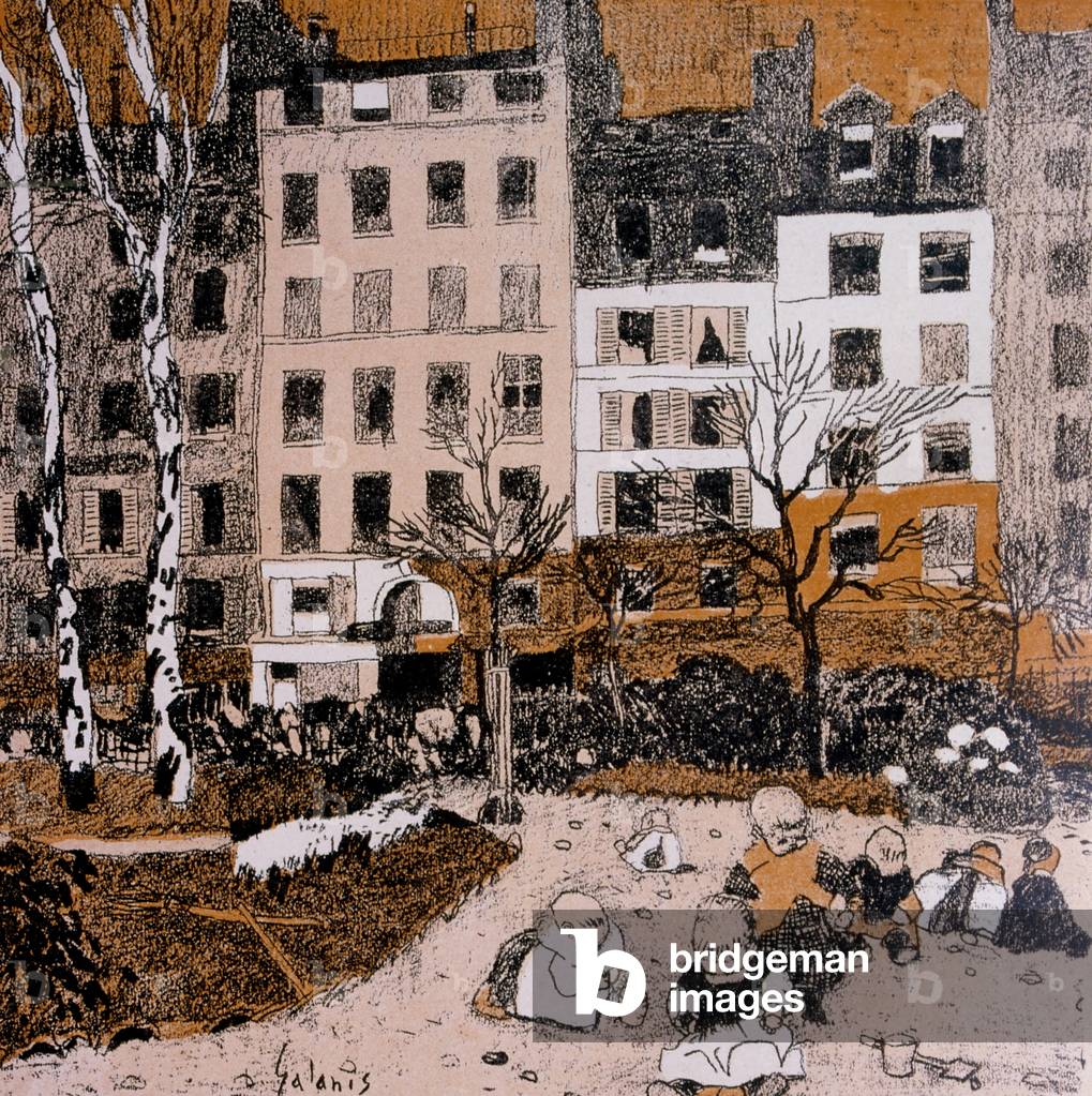 Caricatura francese che mostra bambini poveri che giocano in un parco in una piazza della città. 1906