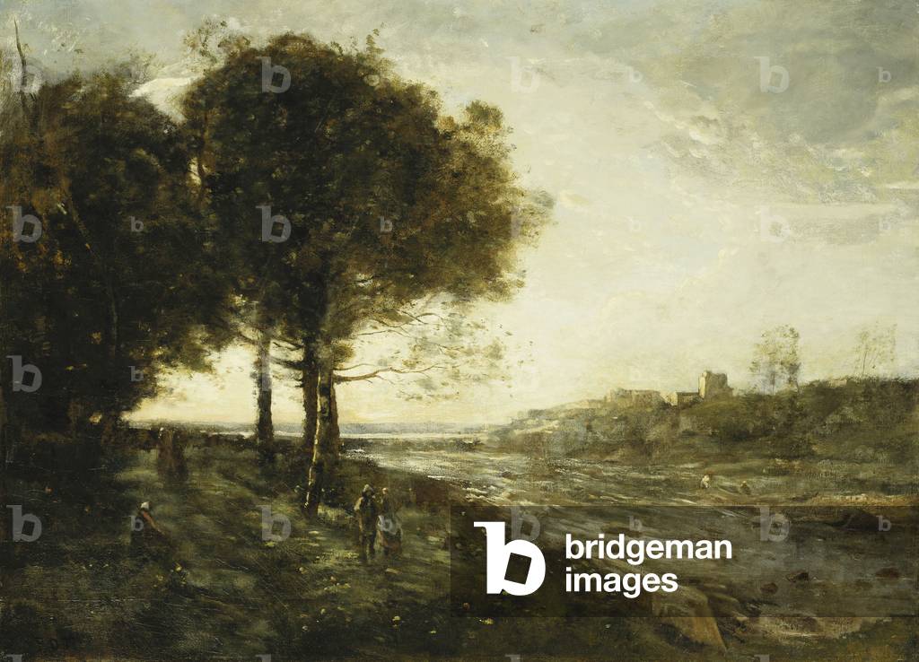 Bild von Gemälde "Ein Fluss in der Romagna; Un Torrent dans des Romagnes" von Jean Baptiste Camille Corot, b/w