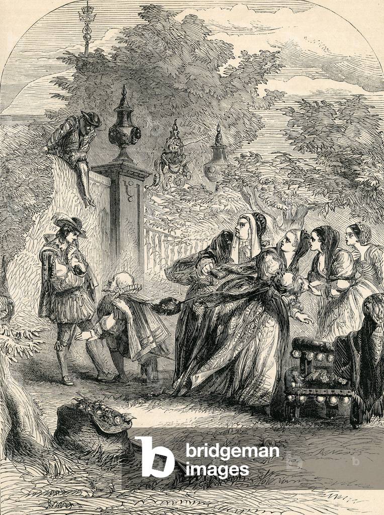 Prinz Charles überraschende die Infanta in Orchard, 19. Jahrhundert (Gravur)