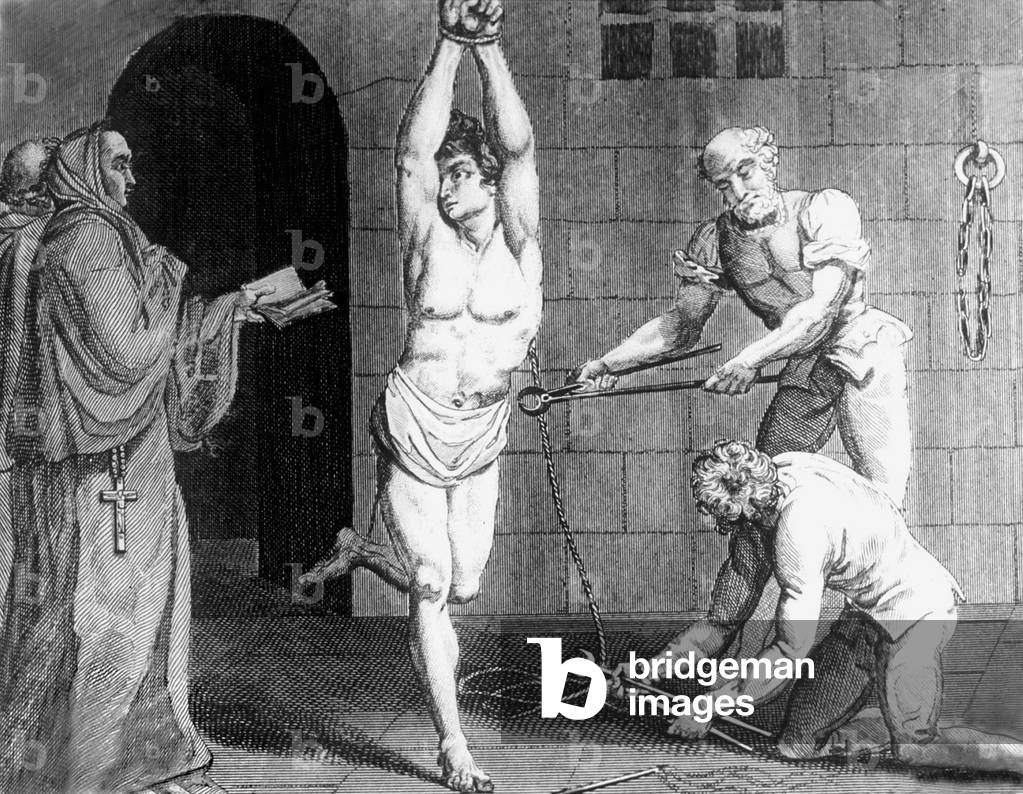 tortura sotto l'Inquisizione Spagnola, XVII secolo, incisione