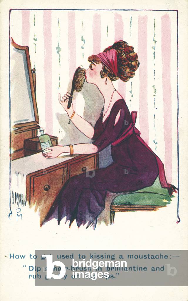 "Donna usando una spazzola per capelli per praticare baciare un uomo con un baffi (colore lito)" 1901 di Engli