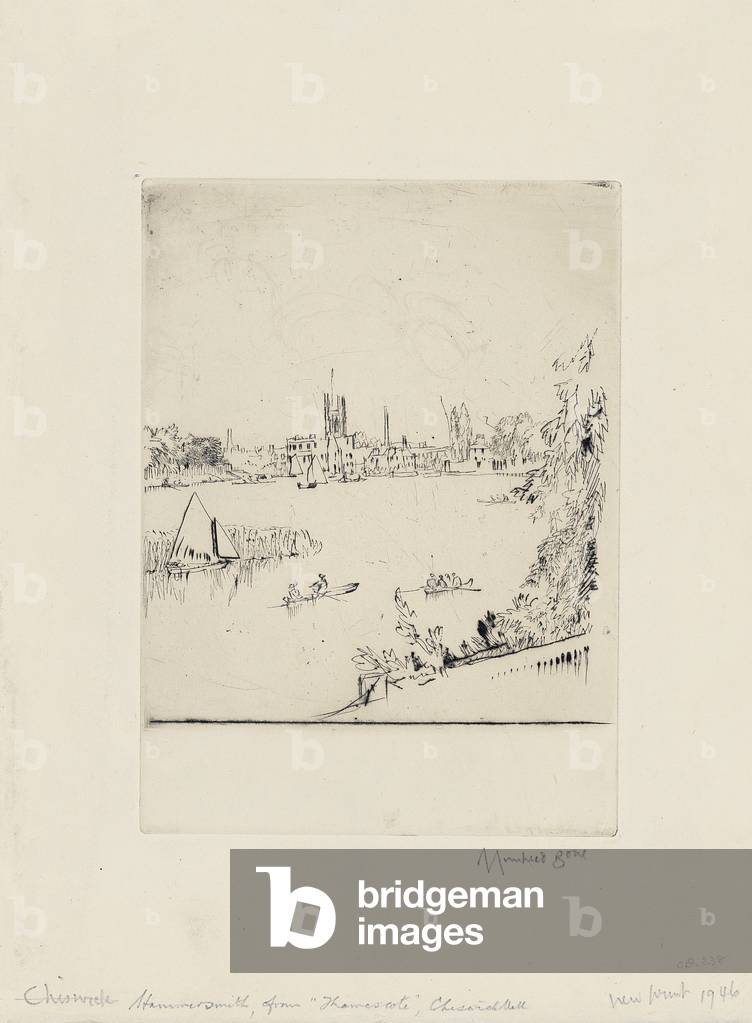 Image of Engraving depicting Hammersmith from Thamescote, 1946 by David Muirhead Bone, b/w