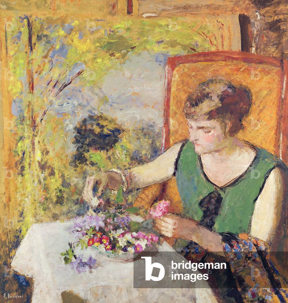 Frau mit einem Blumenstrauß, 1925 (Gouache auf Papier)