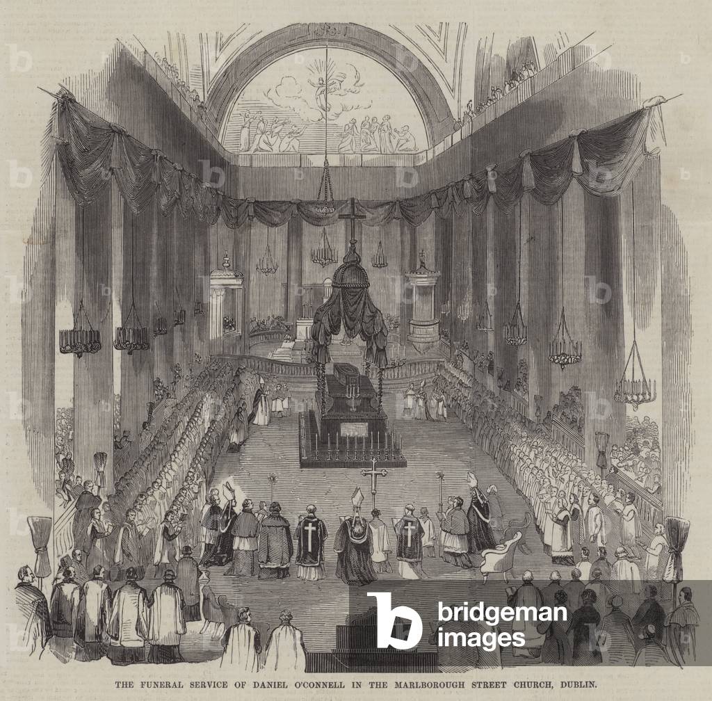 "Il servizio funebre di Daniel O'Connell nel Marlborough Street Chiesa" 1847 di English School, b/w
