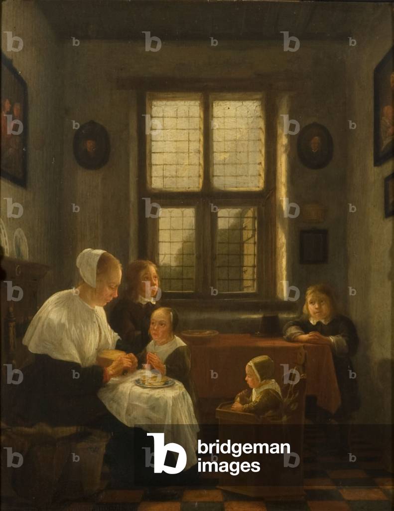 Image of Painting depicting An interior with a woman preparing a meal by Pieter Janssens Elinga