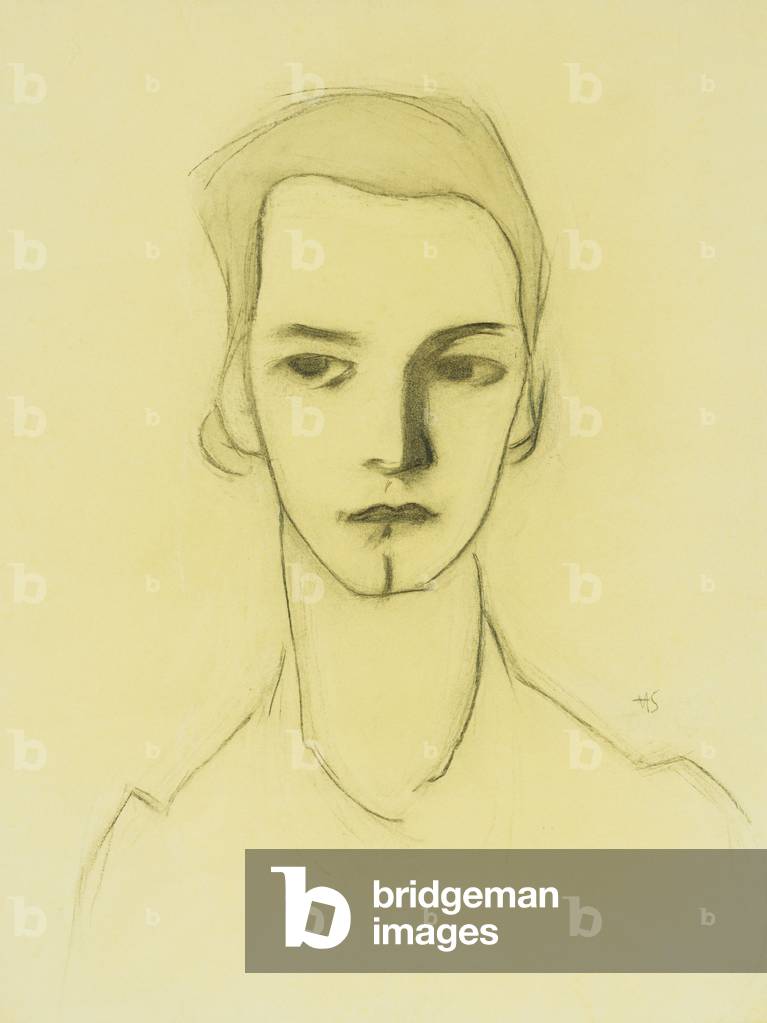 porträt von einem frau, (bleistift, anthrazit, grau waschen)