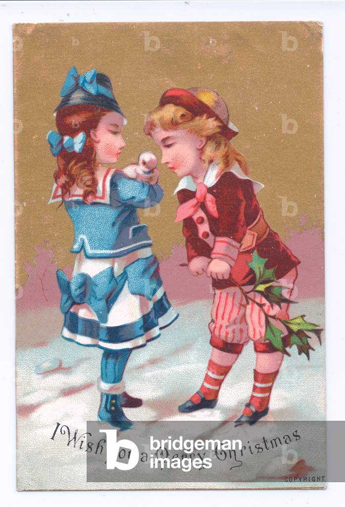 Cartolina natalizia vittoriana di due bambini nella neve che giocano con le palline di neve, 1880 (colore lito