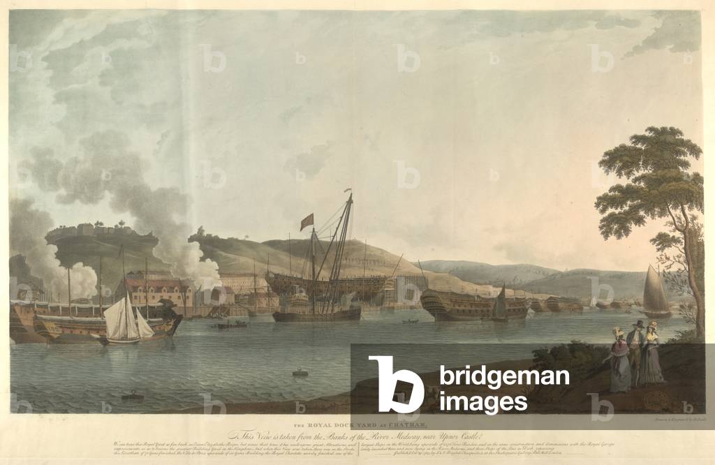 "Il Royal Dockyard a Chatham. Fiume Tamigi. Fumo in aumento. Navi in riparazione. Barche a vela. Chiatte. Gent