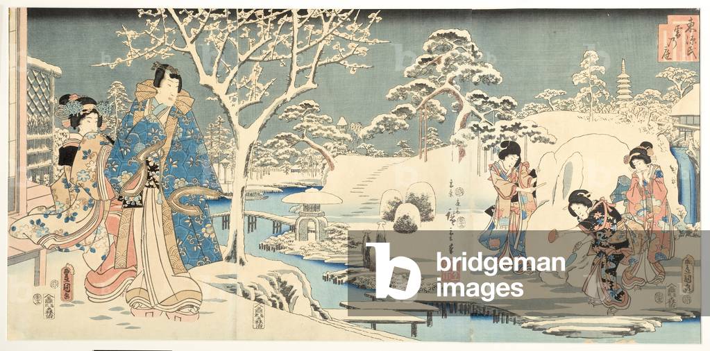"un Orientale Genji in un giardino innevato", 1854 di Utagawa Hiroshige (1797-1858) & Kunisada