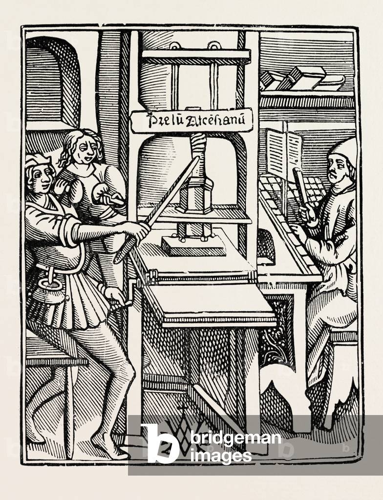 Image de Gravure représentant Early Printing Press (Presse d'impression anticipée)., b/w