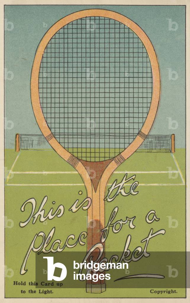 "Tennisschläger und Tennisplatz (Farbe litho)" von English School