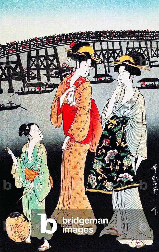 Immagine di Stampa "Giappone: fuochi d'artificio a Ryogoku (parte di un trittico). Utamaro Kitagawa (1750-1806
