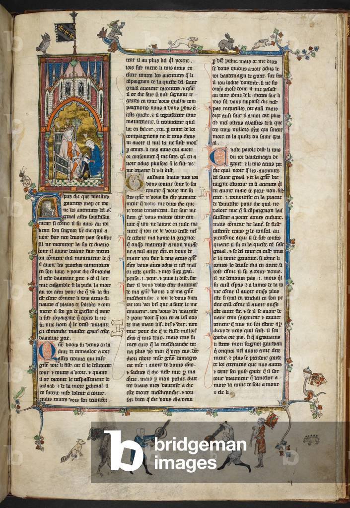 Royal Ms 14 e III f.140r Enrico II d'Inghilterra con scriba, illustrazione da 'Estoire del Saint Graal, La Que