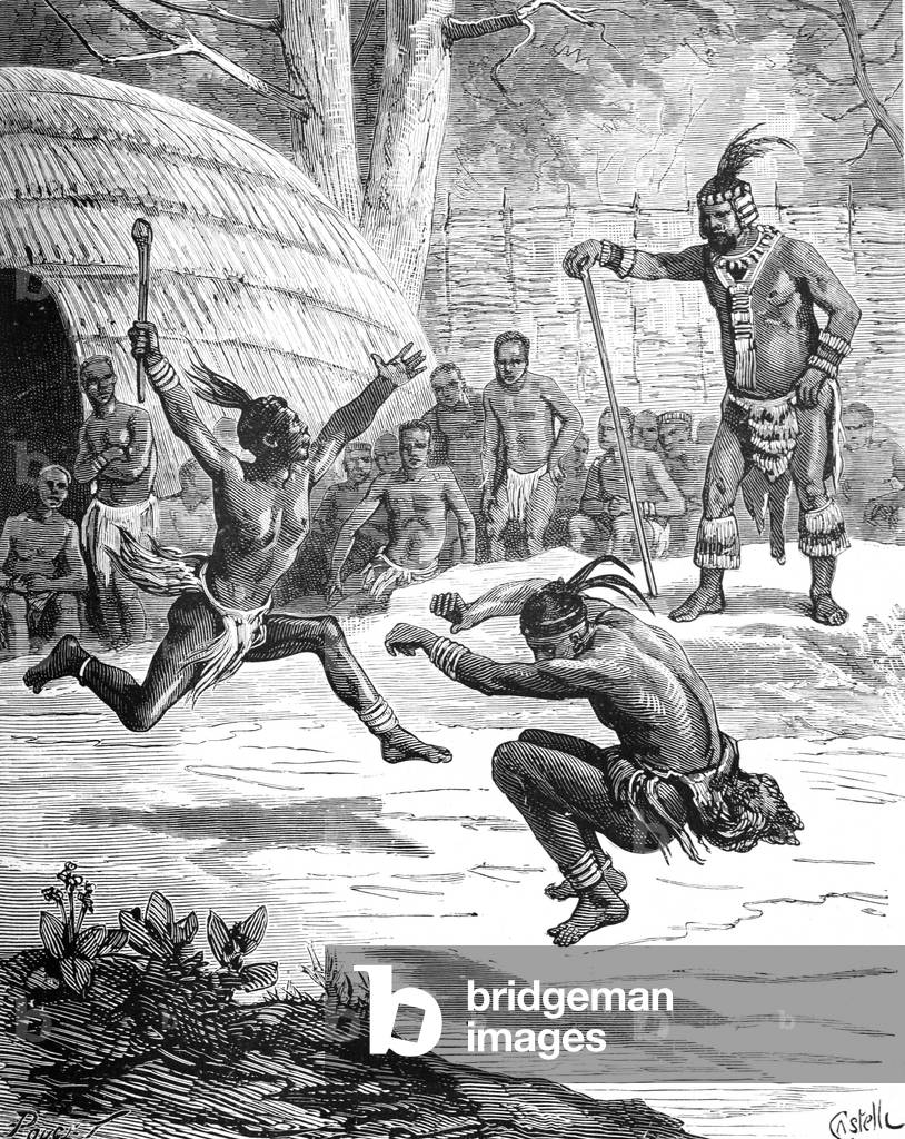 Zulu Dorf und Tänzer Afrika, 1879 (Gravur)