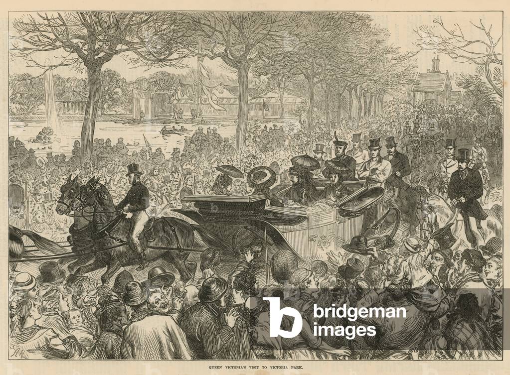 "Visita della regina Vittoria a Victoria Park (incisione)" di English School, b/w