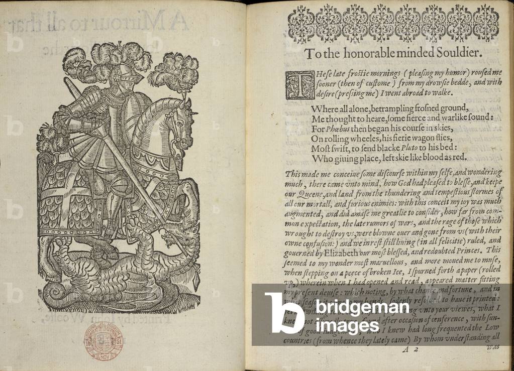 Xilografia raffigurante un cavaliere che combatte un drago, 1589 (incisione)