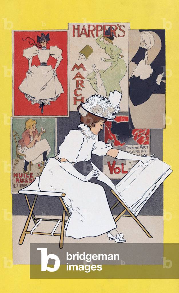 Femme regardant des estampes dans la boutique d'art par Armand Rassenfosse