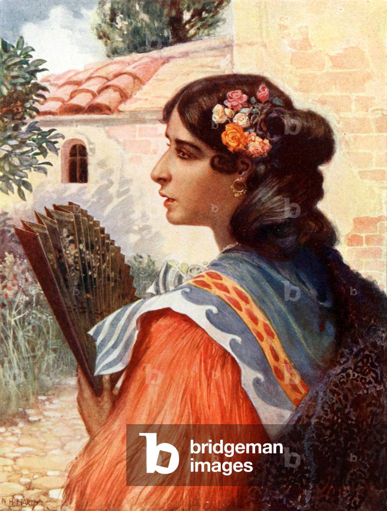 A Spanish Woman (colour litho) by Norman Hardy
