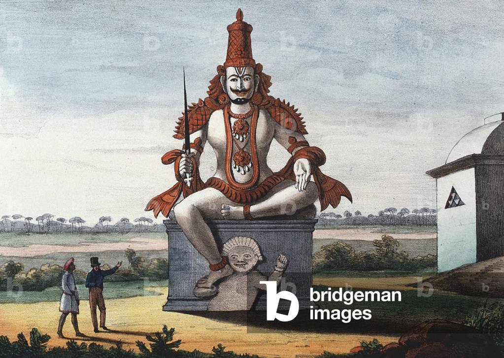 "Statua di un genio malvagio indù. Litografia colorata da L'Inde francaise"