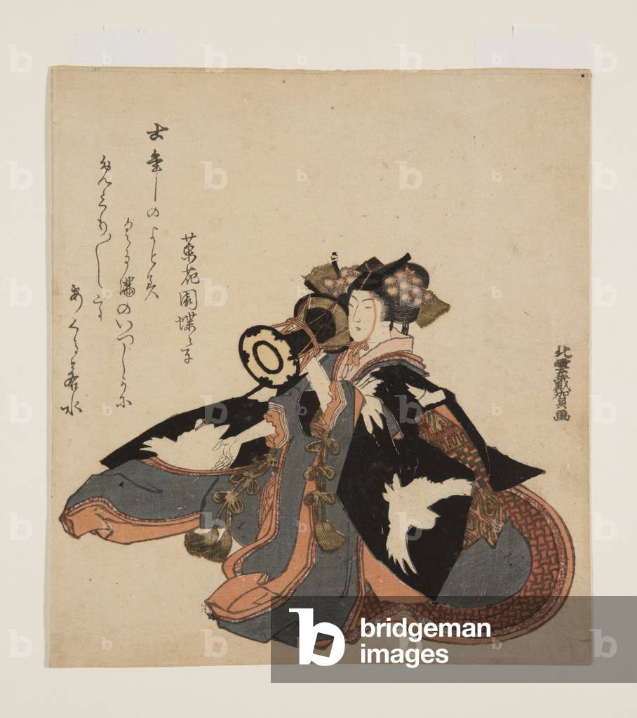 Femme jouant à la main tambour (impression en bois couleur) 1804 par Katsushika Hokuun, b/w