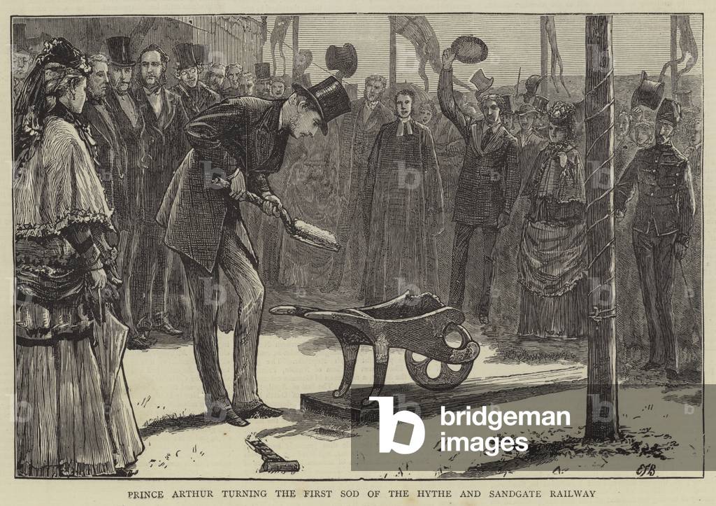 "Principe Artù girando il primo Sod del Hythe e Sandgate Ferrovia (incisione)" di Edward Frederick Brewtnall, 