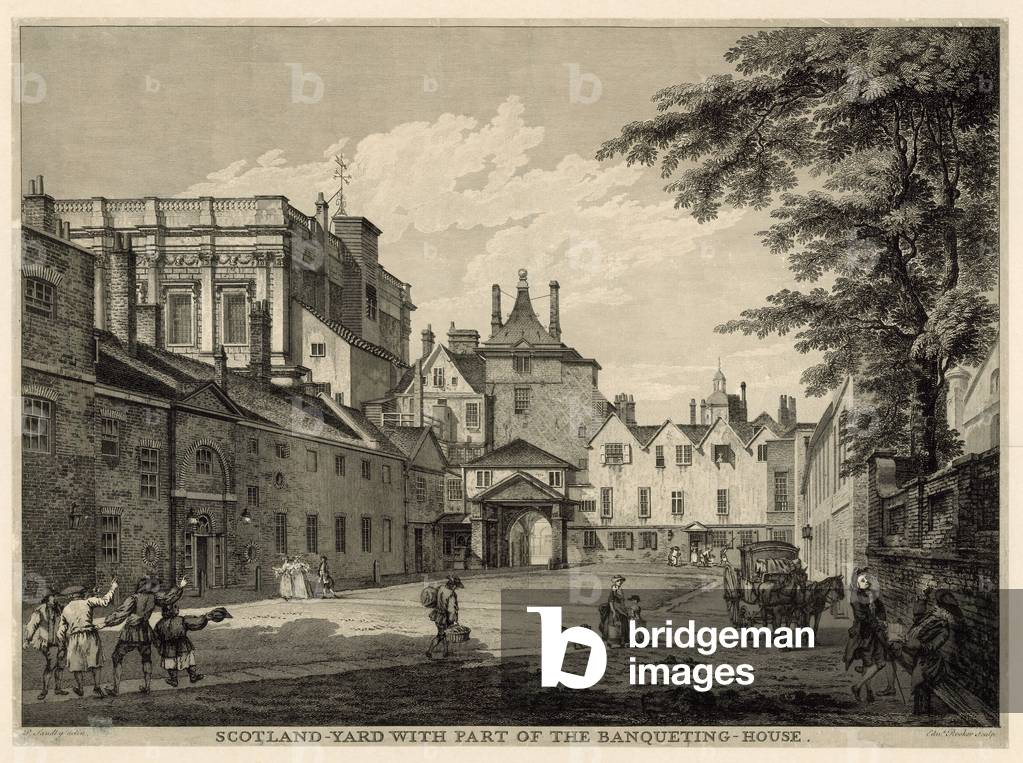 "Scotland Yard mit einem Teil des Banketthauses (Gravur)" von Paul Sandby, b/w