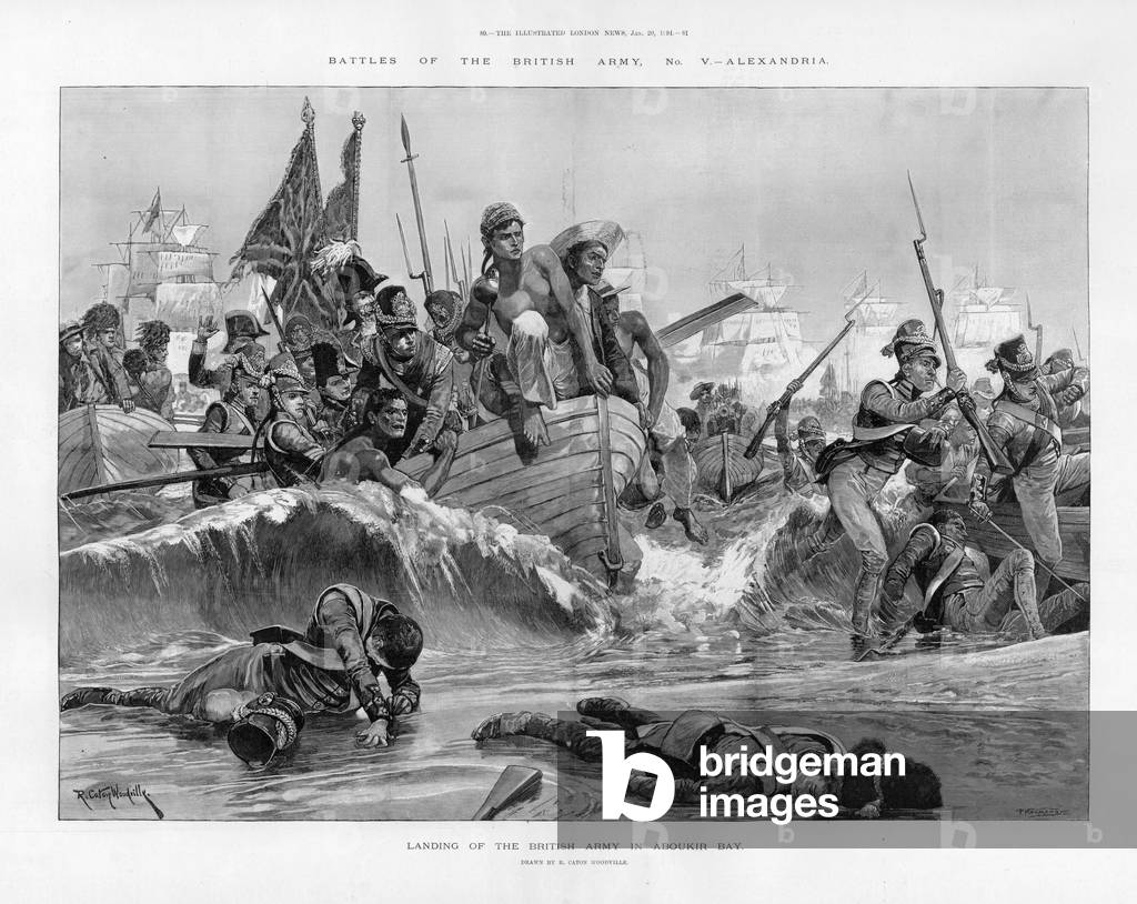"Atterraggio dell esercito britannico in Aboukir Bay (incisione)" di Richard Caton II Woodville, b/w