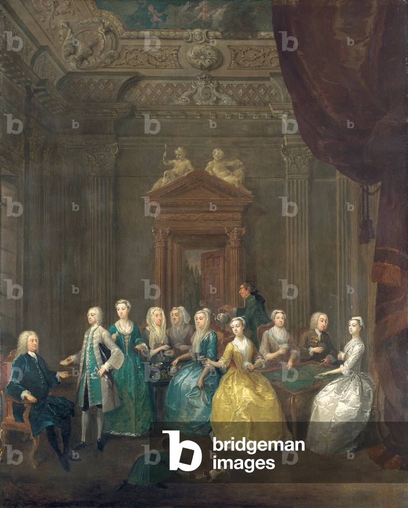 Portrait of the Porten family taking tea in a lavish interior (oil on canvas)