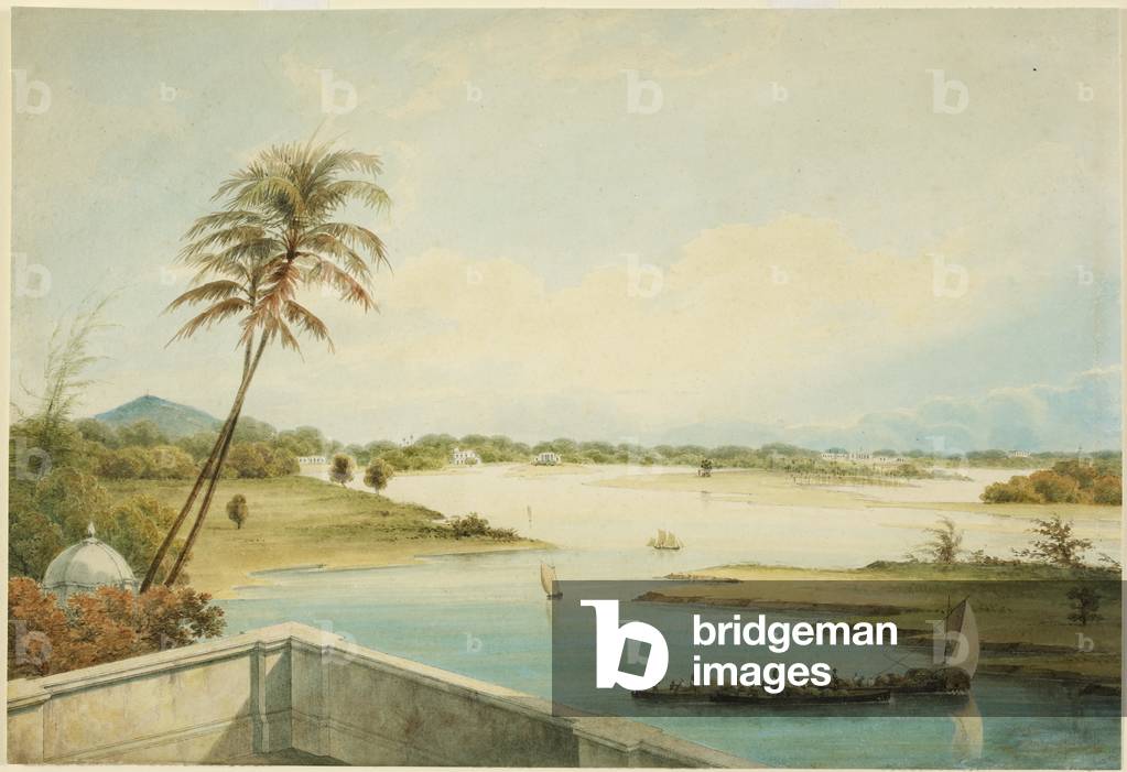 Il fiume Adyar; in lontananza il Monte San Tommaso e le case-giardino lungo il fiume; in primo piano una terra