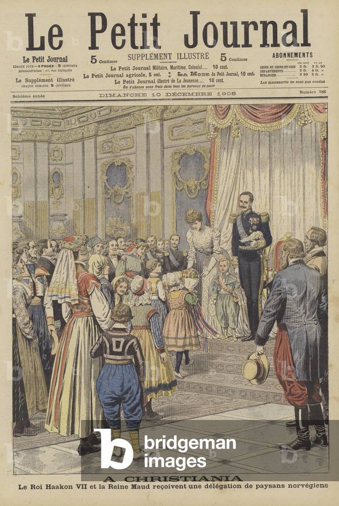 King Haakon VII and Queen Maud of Norway receiving a delegation of Norwegian peasants (colour litho) by French