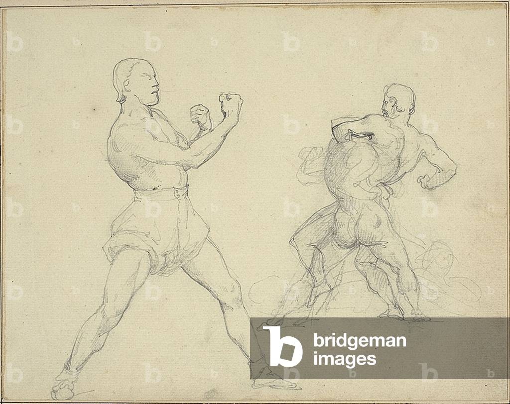 Boxer Facing Right and Two Men Wrestling, 1818-1819 (Graphit, auf cremefarbenem Büttenpapier, Perimeter montie