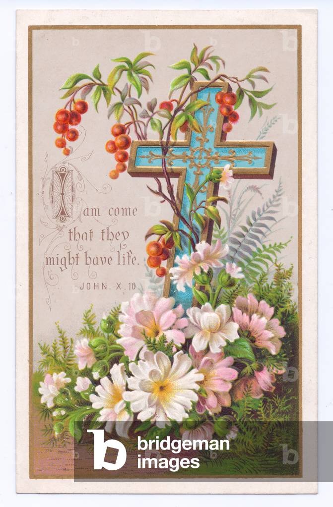 A Victorian religious greeting card of a cross decorated with hip berries and white and pink primroses by Engl