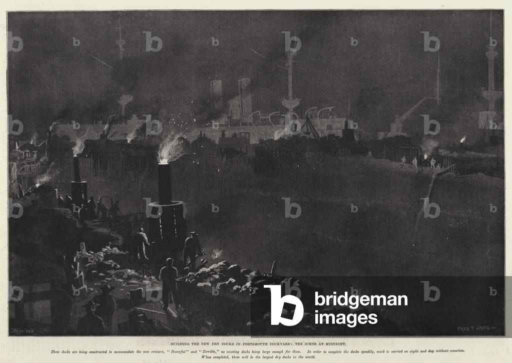 Building the New Dry Docks in Portsmouth Dockyard, the Scene at Midnight (litho)