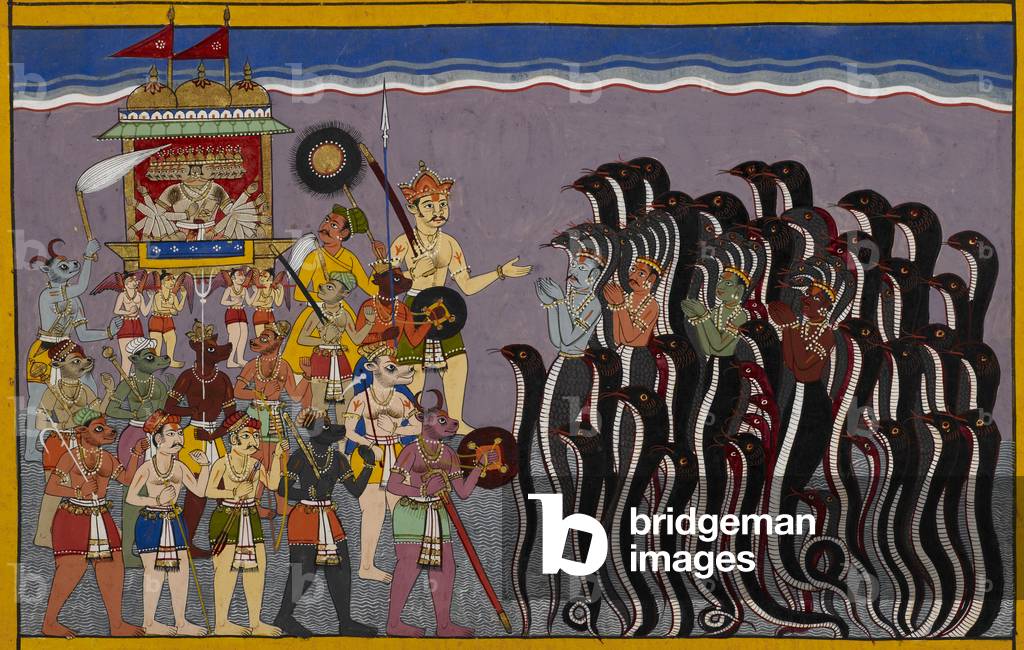 Rāvaṇa scende a Rasātala e sottomette Vasuki e i nāgas, 1653 (pergamena)