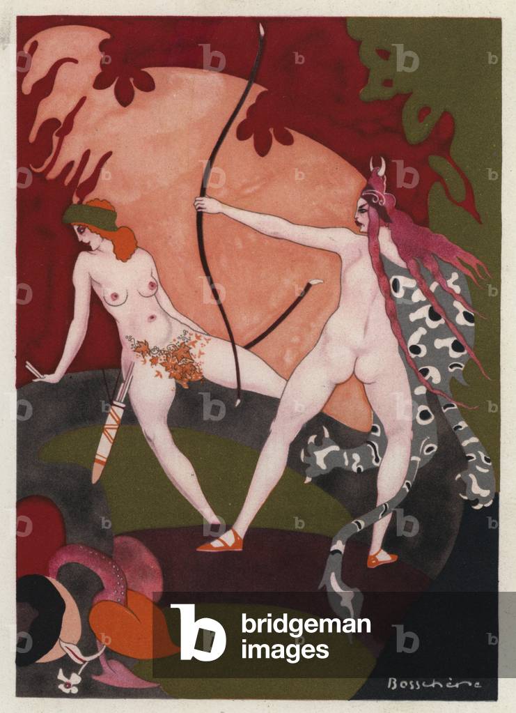 The Love Books of Ovid: She pursueth the wild beasts in the forests (colour litho) by Jean de Bosschere