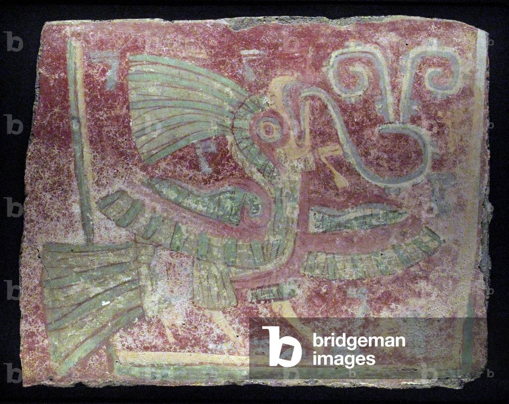 Mural fragment of a quetzal with singing virgula by Teotihuacan
