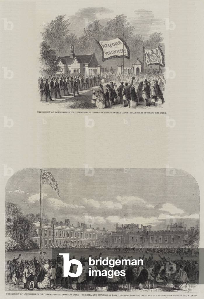 Examen des bénévoles du fusil Lancashire dans le parc Knowsley (gravure) 1860 par English School, b/w