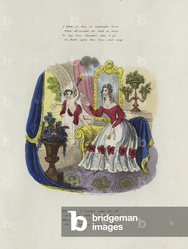 Carta di San Valentino inglese con l'immagine di un cherubino che consegna la carta di San Valentino da una do