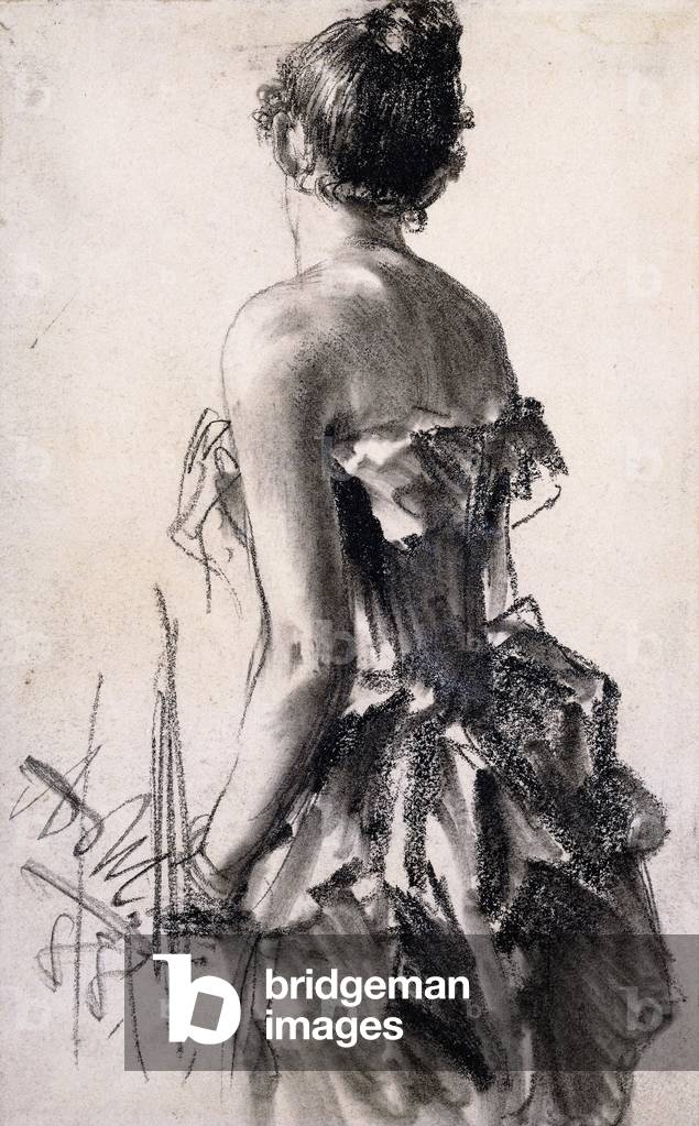 Rückansicht einer Frau; Ruckenansicht einer Dame, 1888 (anthrazit und grau waschen auf Papier auf Karte gelegt