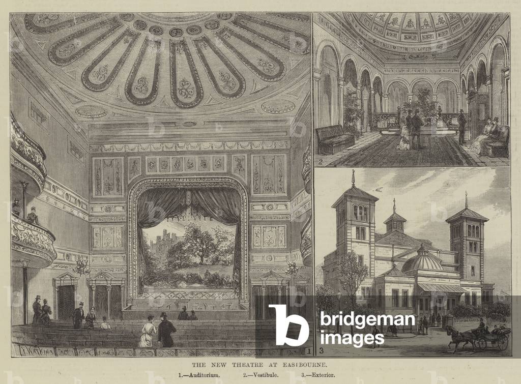 "Das neue Theater in Eastbourne (Gravur)" 1884 von Frank Watkins, b/w