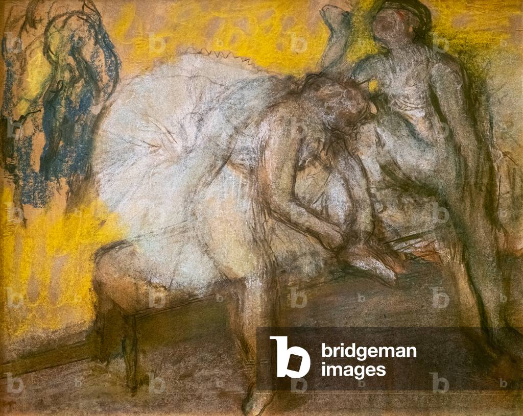 Image of Drawing depicting Two dancers at rest. Around 1910. Pastel on fine velin paper. 1910 by Edgar Degas