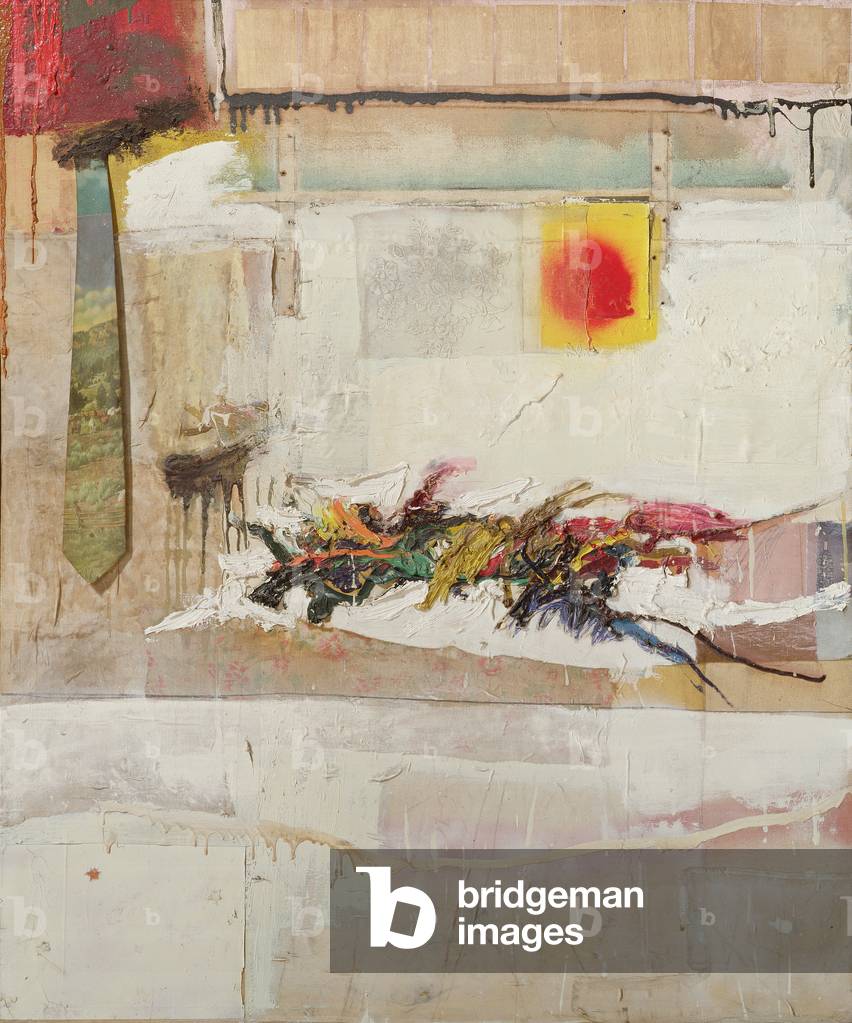 Rhyme, 1956 (tessuti, cravatta, carta, smalto, matita e vernice polimerica sintetica su tela)