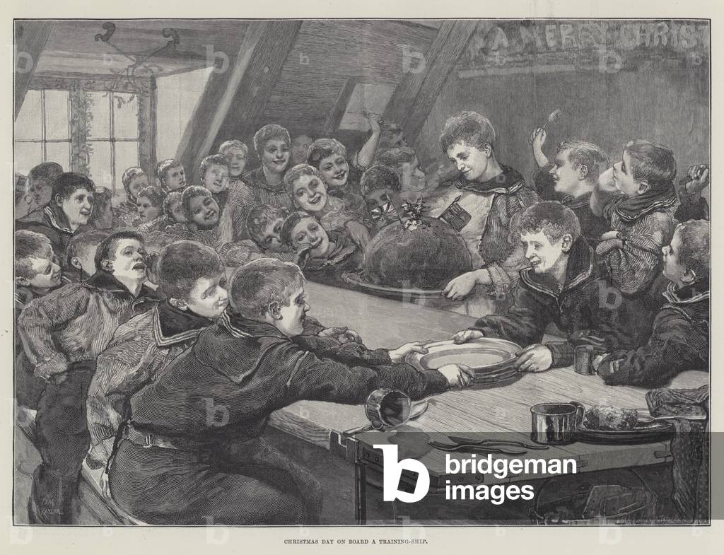 "Weihnachtsfeiertag an Bord eines Trainingsschiffs (Gravur)" 1887 von English School