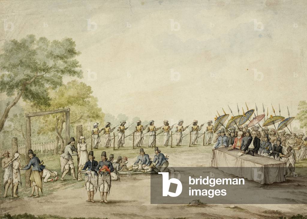 Dutch judge and Javanese rulers witnessing the execution and mutilation of criminals, Java, 1807 