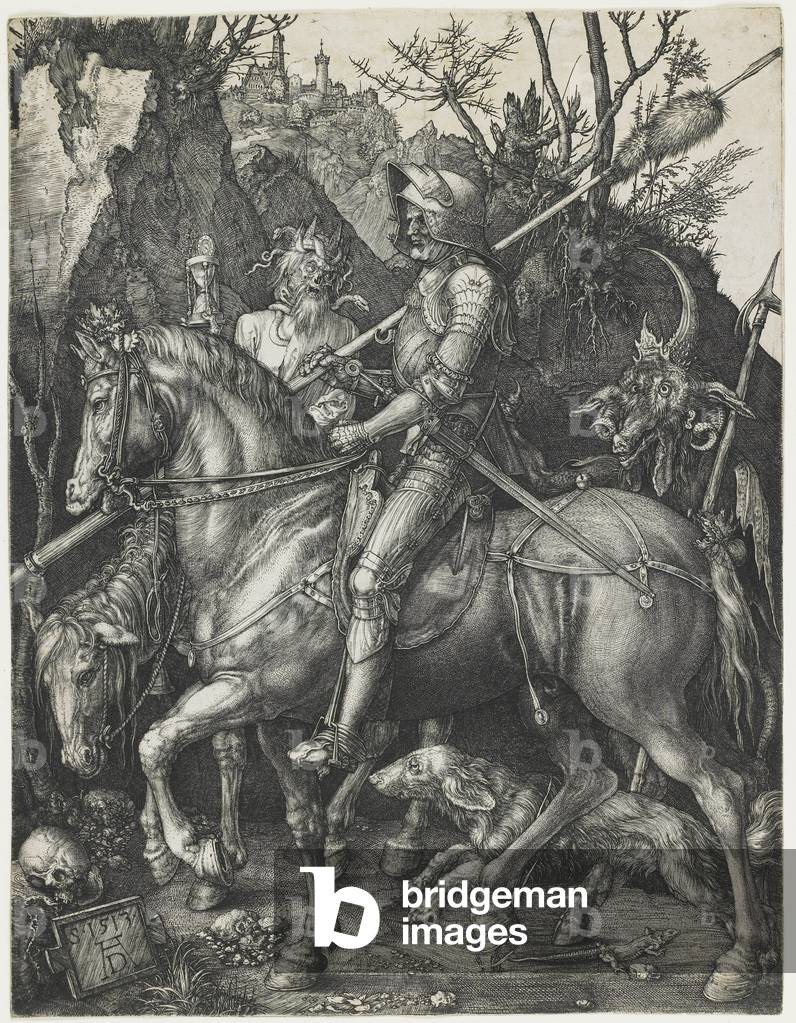 Image of Engraving depicting Knight 1513 by Albrecht Dürer or Duerer, b/w
