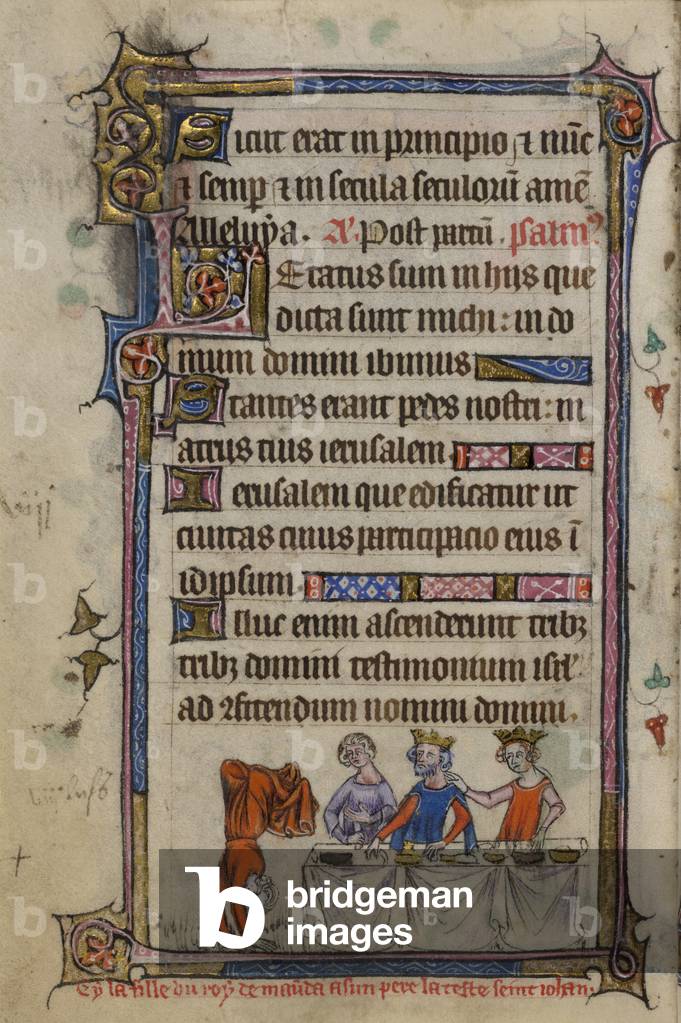 "Bas-de-page-Szene von Salome tanzt auf ihren Händen vor dem Festmahl Herodes und Herodias"