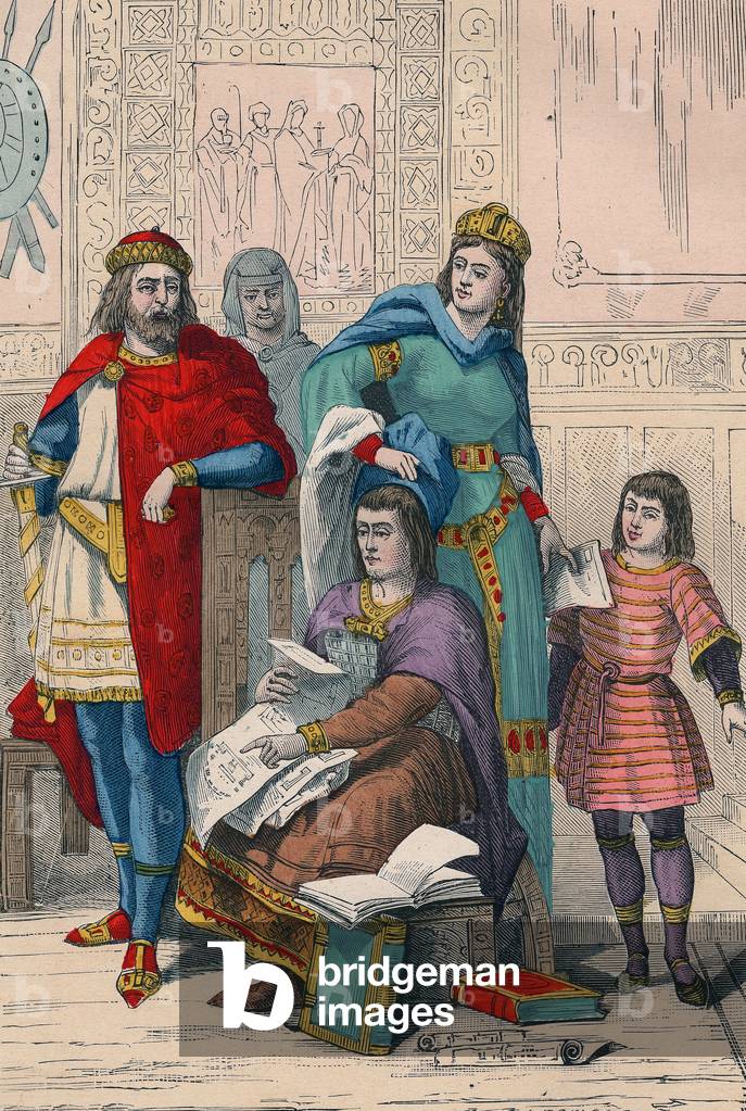 Famiglia nobile con architetto, VII secolo, incisione tratta da un libro su Parigi attraverso i secoli (1878)