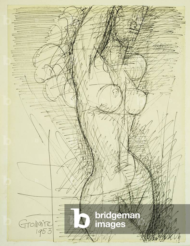 Standing Female Nude; Femme Nue Debout, 1953 (pen and India ink on paper laid on board)